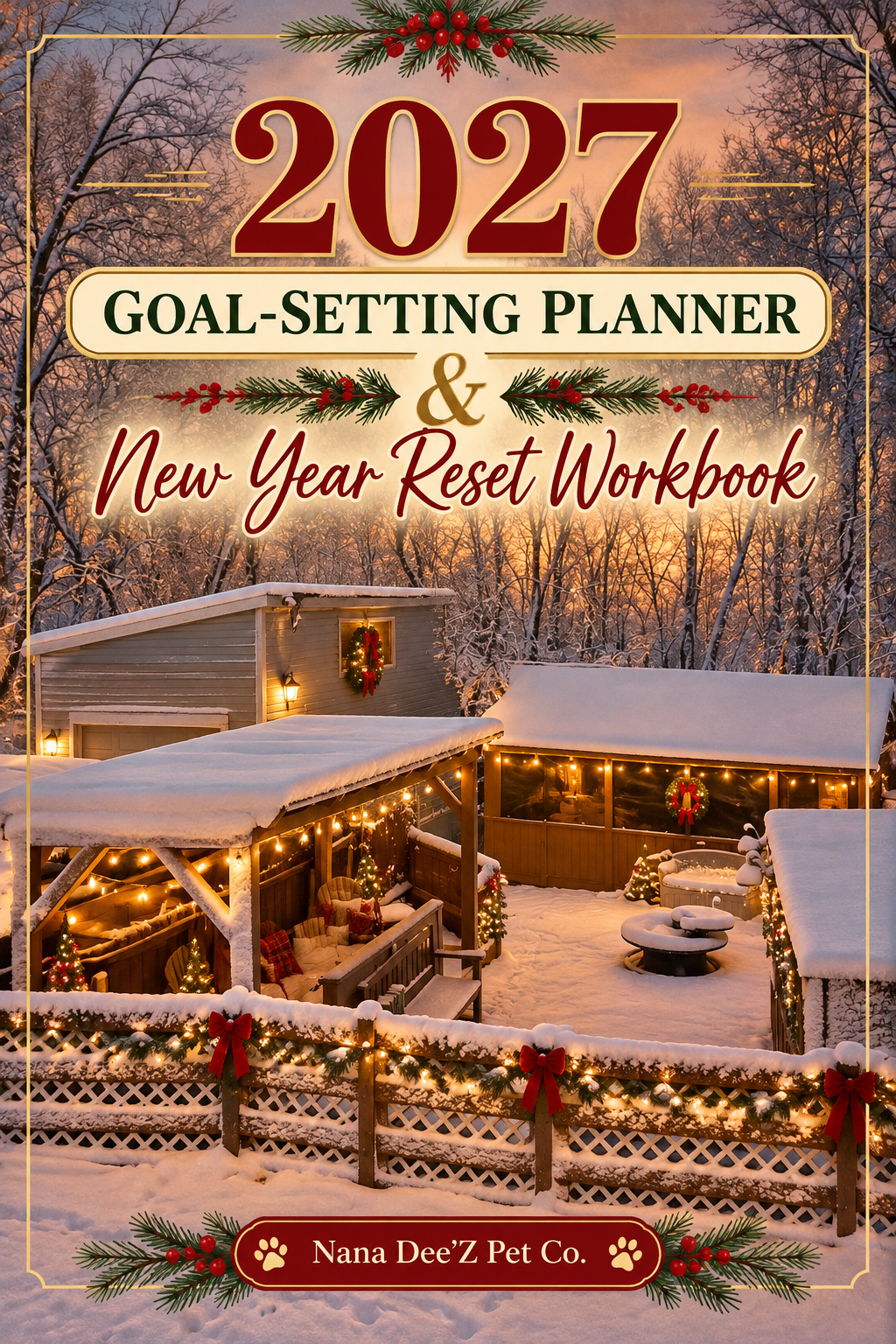 2027 Goal-Setting Planner & New Year Reset Workbook cover with a snowy holiday backyard scene by Nana Dee'Z Pet Co.