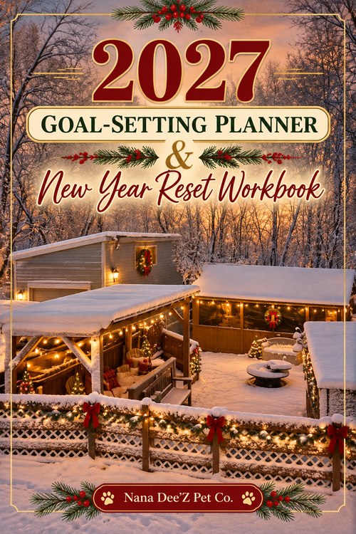2027 Goal-Setting Planner & New Year Reset Workbook cover with a snowy holiday backyard scene by Nana Dee'Z Pet Co.