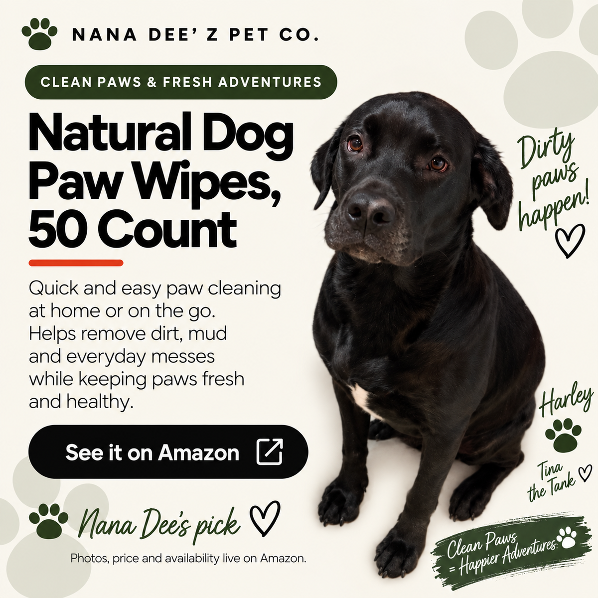Natural Dog Paw Wipes, 50 Count