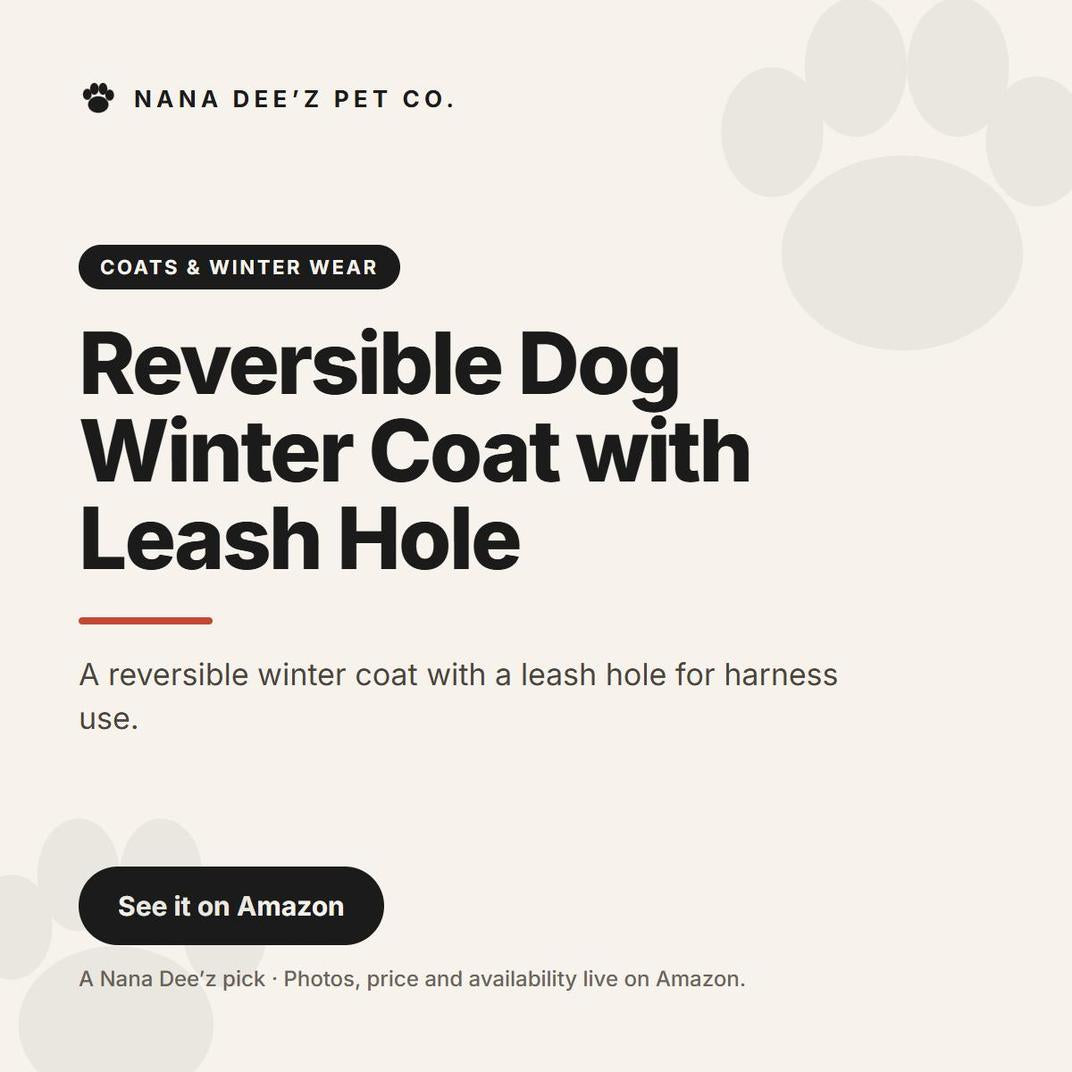 Reversible Dog Winter Coat with Leash Hole — a Nana Dee'z Pet Co. recommendation card