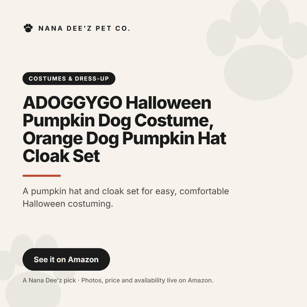 ADOGGYGO Halloween Pumpkin Dog Costume, Orange Dog Pumpkin Hat Cloak Set — a Nana Dee'z Pet Co. recommendation card