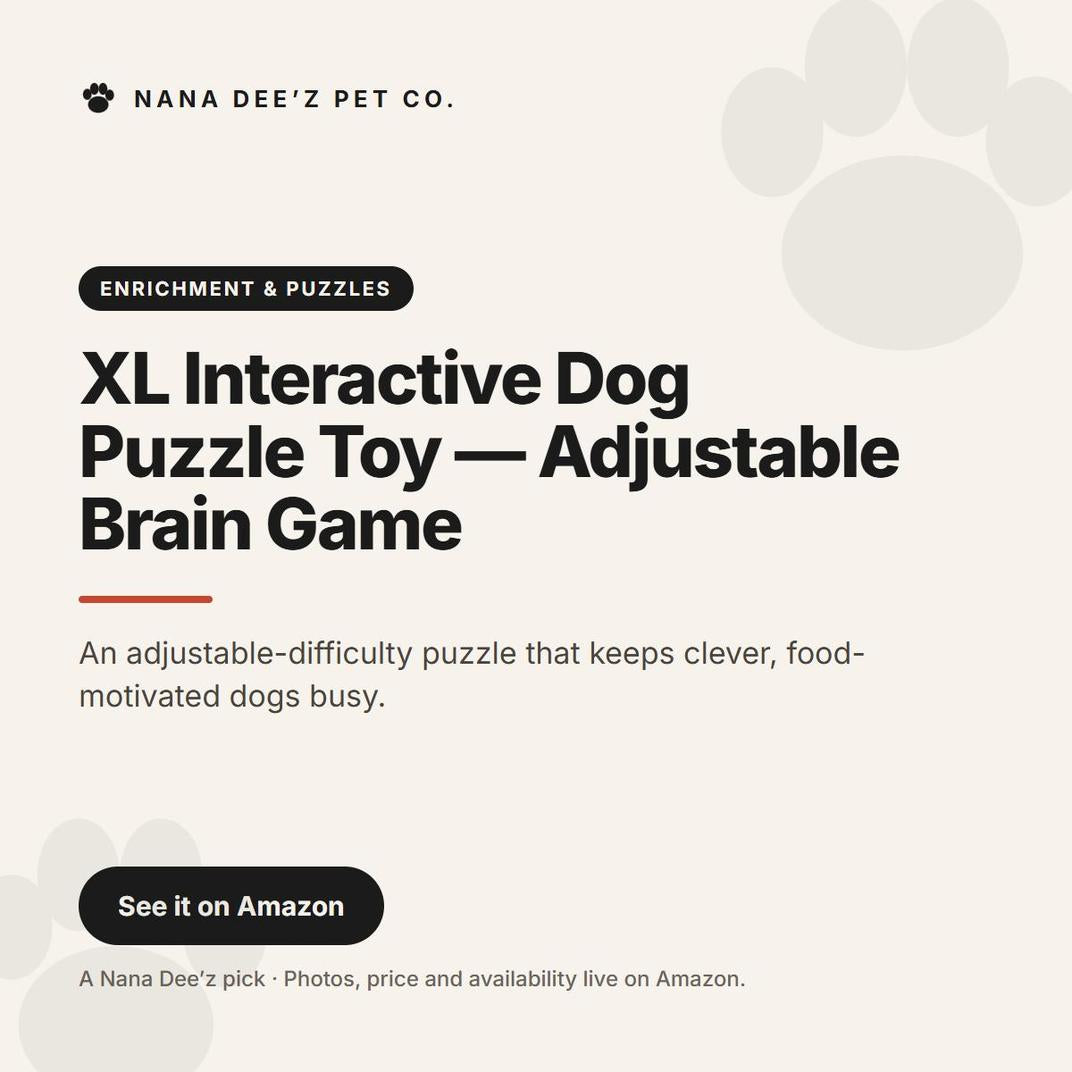 XL Interactive Dog Puzzle Toy — Adjustable Brain Game — a Nana Dee'z Pet Co. recommendation card