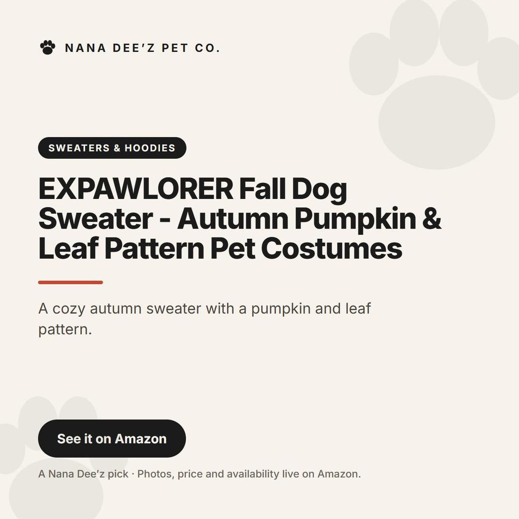 EXPAWLORER Fall Dog Sweater - Autumn Pumpkin & Leaf Pattern Pet Costumes — a Nana Dee'z Pet Co. recommendation card